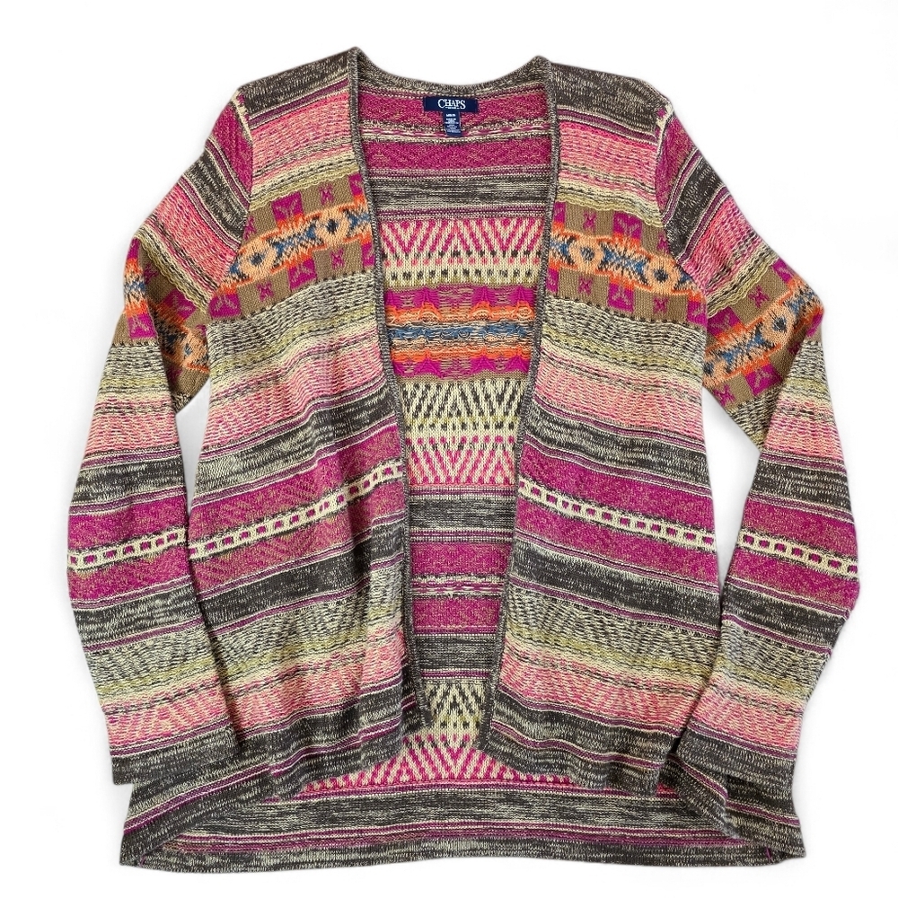 Chaps Denim Southwestern Aztec Knit Open Front Cardigan Sweater Cotton Linen M